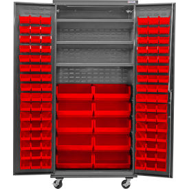 Global Industrial Configurable Mobile Bin & Shelf Cabinet 36x24x85 Gray 3 Shelf 108 Red Bins 