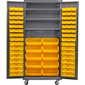 Global Industrial Configurable Mobile Bin & Shelf Cabinet 36x24x85 Gray 3 Shelf 108 Yellow Bins 