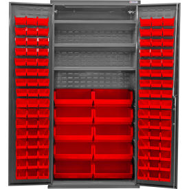 Global Industrial Configurable Bin & Shelf Cabinet 36Wx24Dx78H Gray 3 Shelf 108 Red Bins 