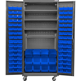 Global Industrial Configurable Mobile Bin Cabinet Gray 36"Wx24"Dx85"H 4 Shelf 108 Blue Bins 