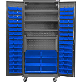 Global Industrial Configurable Mobile Bin & Shelf Cabinet 36x24x85 Gray 4 Shelf 102 Blue Bins 