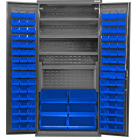 Global Industrial Configurable Bin & Shelf Cabinet 36Wx24Dx78H Gray 4 Shelf 102 Blue Bins 