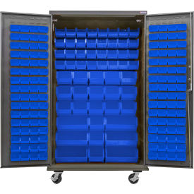 Global Industrial Configurable Mobile Bin Cabinet 48"W x 24"D x 85"H Gray 210 Blue Bins 
