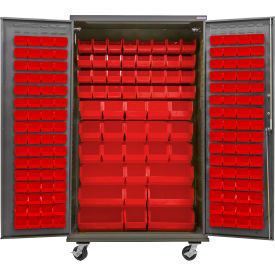Global Industrial Configurable Mobile Bin Cabinet 48"W x 24"D x 85"H Gray 210 Red Bins 
