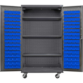 Global Industrial Configurable Mobile Bin & Shelf Cabinet 48x24x85 Gray 3 Shelf 120 Blue Bins 
