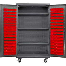 Global Industrial Configurable Mobile Bin & Shelf Cabinet 48x24x85 Gray 3 Shelf 120 Red Bins 