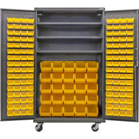 Global Industrial Configurable Mobile Bin Cabinet Gray 48"Wx24"Dx85"H 3 Shelf 156 Yellow Bins 