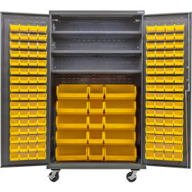 Global Industrial Configurable Mobile Bin & Shelf Cabinet 48x24x85 Gray 3 Shelf 144 Yellow Bins 