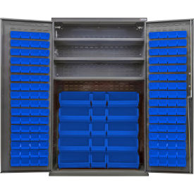 Global Industrial Configurable Bin & Shelf Cabinet 48Wx24Dx78H Gray 3 Shelf 144 Blue Bins 