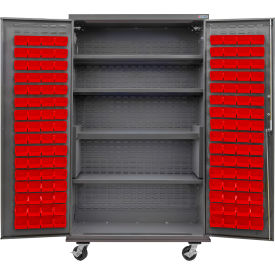 Global Industrial Configurable Mobile Bin & Shelf Cabinet 48x24x85 Gray 4 Shelf 120 Red Bins 