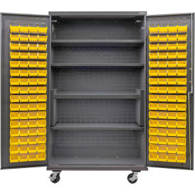 Global Industrial Configurable Mobile Bin & Shelf Cabinet 48x24x85 Gray 4 Shelf 120 Yellow Bins 