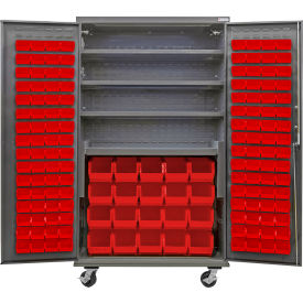 Global Industrial Configurable Mobile Bin Cabinet Gray 48"Wx24"Dx85"H 4 Shelf 144 Red Bins 