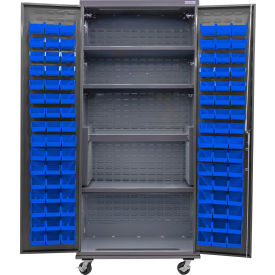 Global Industrial Configurable Mobile Cabinet Powered 36"W x 24"D x 85"H 4 Shelves 96 Blue Bins 