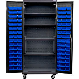 Global Industrial Configurable Mobile Charging Cabinet 36Wx24Dx85H Black 4 Shelf 96 BL Bins 