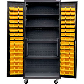 Global Industrial Configurable Mobile Charging Cabinet 36Wx24Dx85H Black 4 Shelf 96 YLW Bins 