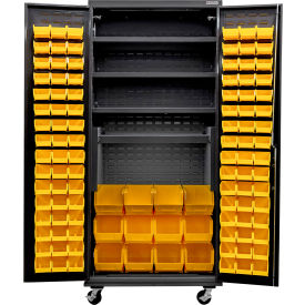 Global Industrial Configurable Mobile Charging Cabinet 36Wx24Dx85H Black 4 Shelf 108 YLW Bins 