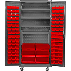 Global Industrial Configurable Mobile Cabinet Powered 36"Wx24"Dx85"H 4 Shelves 102 Red Bins 