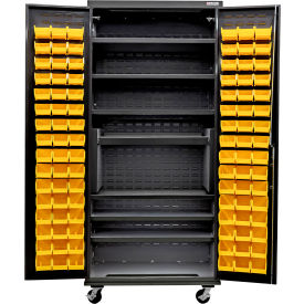 Global Industrial Configurable Mobile Charging Cabinet 36Wx24Dx85H Black 7 Shelf 96 YLW Bins 