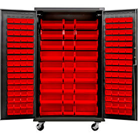 Global Industrial Configurable Mobile Charging Cabinet 48"W x 24"D x 85"H Black 150 Red Bins 