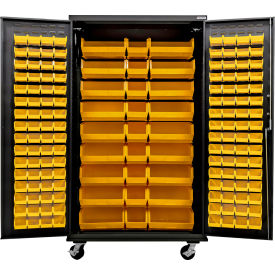 Global Industrial Configurable Mobile Charging Cabinet 48"W x 24"D x 85"H Black 150 Yellow Bins 