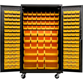 Global Industrial Configurable Mobile Charging Cabinet 48"W x 24"D x 85"H Black 210 Yellow Bins 