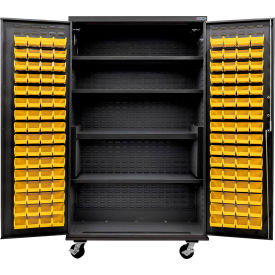 Global Industrial Configurable Mobile Charging Cabinet 48Wx24Dx85H Black 4 Shelf 120 YLW Bins 