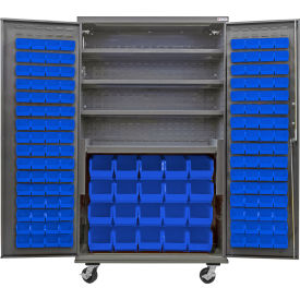 Global Industrial Configurable Mobile Cabinet Powered 48"x24"x85" 4 Shelves 144 Blue Bins 