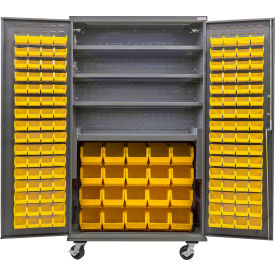 Global Industrial Configurable Mobile Cabinet Powered 48"Wx24"Dx85"H 4 Shelves 144 Yellow Bins 