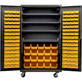 Global Industrial Configurable Mobile Charging Cabinet 48Wx24Dx85H Black 4 Shelf 144 YLW Bins 