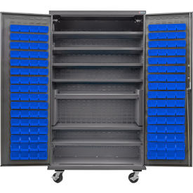 Global Industrial Configurable Mobile Cabinet Powered 48"Wx24"Dx85"H 7 Shelves 120 Blue Bins 