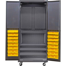 Global Industrial Configurable Mobile Pegboard Cabinet 36x24x85 Gray 4 Shelf 48 Yellow Bins 