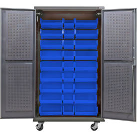 Global Industrial Configurable Mobile Pegboard Cabinet 48"W x 24"D x 85"H Gray 30 Blue Bins 