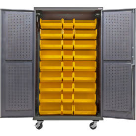 Global Industrial Configurable Mobile Pegboard Cabinet 48"W x 24"D x 85"H Gray 30 Yellow Bins 