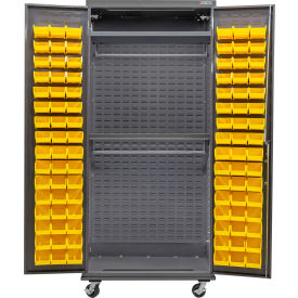 Global Industrial Configurable Mobile Wardrobe Cabinet 36x 24x 85 Gray 2 Shelf 96 Yellow Bins 