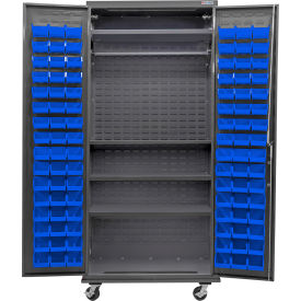 Global Industrial Configurable Mobile Wardrobe Cabinet 36Wx24Dx85H Gray 4 Shelf 96 Blue Bins 