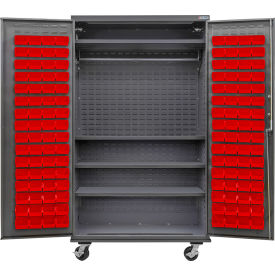 Global Industrial Configurable Mobile Wardrobe Cabinet48W x 24D x 85HGray4 Shelf120 Red Bins 