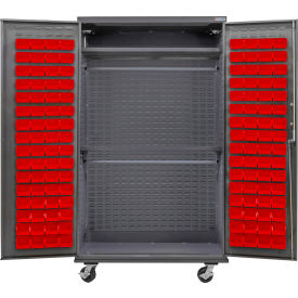 Global Industrial Configurable Mobile Wardrobe Cabinet48W x 24D x 85HGray2 Shelf120 Red Bins 