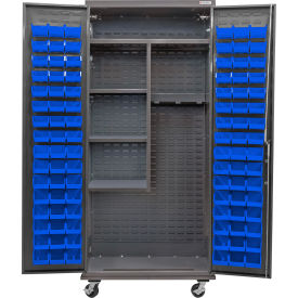 Global Industrial Configurable Mobile Janitorial Cabinet Powered 36Wx24Dx85H Gray 96 Blue Bins 