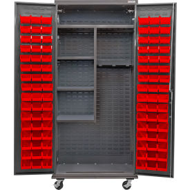 Global Industrial Configurable Mobile Janitorial Cabinet Powered36x24x85Gray4 Shelf96 Red Bins 