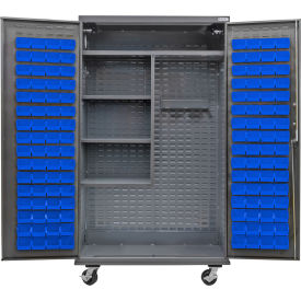 Global Industrial Configurable Mobile Janitorial Cabinet 48x24x85 Gray 4 Shelf 120 Blue Bins 