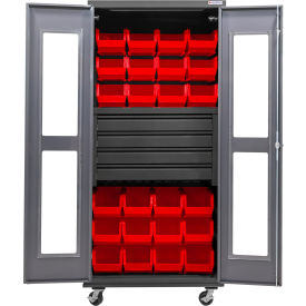Global Industrial Clear-View Configurable Mobile Bin Cabinet Gray 36"Wx24"Dx85"H 24 Red Bins 