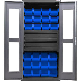 Global Industrial Clear-View Configurable Bin Cabinet 36Wx24Dx78H Gray 4 Drawers 24 Blue Bins 