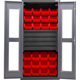Global Industrial Clear-View Configurable Drawer Cabinet Gray 36"x24"x78" 4 Drawers 24 Red Bins 