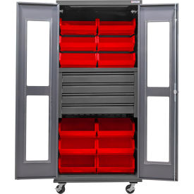 Global Industrial Clear-View Configurable Mobile Bin Cabinet36x24x85Gray4 Drawers12 Red Bins 