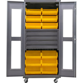 Global Industrial Clear-View Configurable Mobile Bin Cabinet36x24x85Gray4 Drawers12 Yellow Bins 