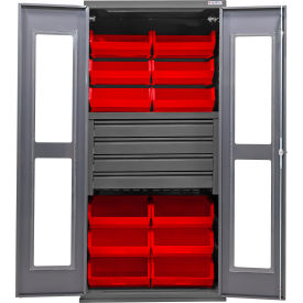 Global Industrial Clear-View Configurable Drawer Cabinet36"Wx24"Dx78"HGray4 Drawers12 Red Bins 