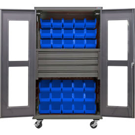 Global Industrial Clear-View Configurable Mobile Bin Cabinet48x24x85Gray4 Drawers36 Blue Bins 
