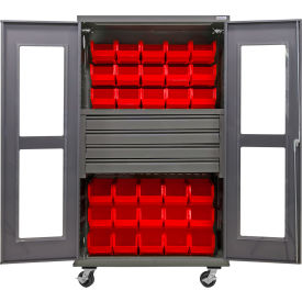 Global Industrial Clear-View Configurable Mobile Bin Cabinet Gray 48"Wx24"Dx85"H 36 Red Bins 