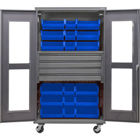 Global Industrial Clear-View Configurable Mobile Bin Cabinet48x24x85Gray4 Drawers24 Blue Bins 