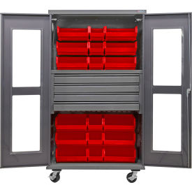 Global Industrial Clear-View Configurable Mobile Bin Cabinet48x24x85Gray4 Drawers24 Red Bins 